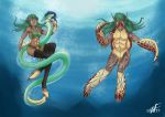  2015 abs absurd_res ambiguous_gender anthro before_and_after blue_eyes breasts clothing duo elf female glowing glowing_eyes green_hair hair hi_res humanoid humanoid_pointy_ears humanoid_to_anthro legwear lyn_(z-ray) marine open_mouth purple_hair reptile scalie shell smile species_transformation stockings surprise transformation turtle underwater water witchfiend 