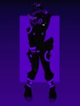  3:4 absurd_res anthro black_body black_fur bovid breasts canid canine caprine cari_(character) claws coffee_can_(artist) facing_viewer female fur genitals glowing goat hi_res hooves horn humanoid hybrid mammal nipples purple_eyes pussy simple_background smile solo tattoo 