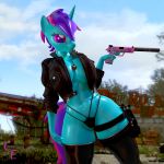  &lt;3 1:1 3d_(artwork) absurd_res anthro bethesda_softworks big_breasts breasts chaoticelite cleavage clothed clothing digital_media_(artwork) equid equine fallout fallout_equestria fan_character female friendship_is_magic fuchsia gun handgun hasbro hi_res holster horn jacket leather leather_jacket leggings legwear lingerie mammal my_little_pony necklase partially_clothed pistol ranged_weapon silencer topwear unicorn video_games weapon wide_hips 