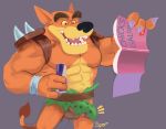  2020 abs activision anthro balls beverage_can bottomwear claws clothing crash_bandicoot_(series) dasyuromorph erection genitals green_bottomwear green_clothing holding_can holding_object humanoid_genitalia humanoid_penis ineffective_clothing magazine male mammal marsupial muscular muscular_anthro muscular_male open_mouth orange_body pecs penis shoulder_guards simple_background solo spectral-bat tail_tuft teeth thylacine tiny_tiger tuft video_games 