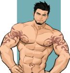  1boy abs arm_tattoo bara black_hair chest chest_tattoo facial_hair facial_tattoo green_eyes gyee hand_on_hip highres jang_ju_hyeon male_focus muscle navel nipples original priapus priapus_a._tarou red_pupils shirtless short_hair simple_background sketch smile solo spiked_hair stomach_tattoo stubble tattoo 