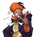  1boy aqua_eyes black_hair black_hoodie commentary_request dark_skin dark_skinned_male earrings gym_leader hood hoodie jewelry lobolobo2010 male_focus one_eye_closed orange_headwear pointing pokemon pokemon_(game) pokemon_swsh raihan_(pokemon) smile solo star_(symbol) 