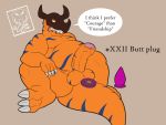  anthro anus balls belly bone butt buttplug camsan_r_s dialogue digimon digimon_(species) english_text genitals greymon hi_res male male/male overweight overweight_male penis sex_toy skull slightly_chubby solo text 