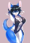  &lt;3 anthro big_breasts black_hair blue_body blue_fur breasts canid canine clothed clothing female fluffy fox fur hair hi_res lingerie looking_at_viewer mammal saki_(garasaki) sbiarki skimpy smile smiling_at_viewer solo wide_hips 