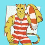  1:1 5_fingers abs animal_crossing anthro clothing felid fingers fur hi_res holding_object jrjresq life_preserver looking_at_viewer male mammal muscular muscular_anthro muscular_male nintendo nipple_outline one-piece_swimsuit pantherine pecs solo swimwear tiger tight_clothing tybalt_(animal_crossing) video_games whistle_(object) yellow_body yellow_fur 