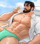  1boy abs bara bare_chest beard black_hair bulge bursting_pecs chest eyewear_on_head facial_hair glass highres jang_ju_hyeon lying male_focus muscle navel nipples on_back original shirt short_hair simple_background solo thick_thighs thighs white_shirt 