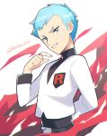  1boy archer_(pokemon) artist_name bangs belt belt_buckle blue_eyes blue_hair buckle commentary_request hand_up highres lobolobo2010 long_sleeves looking_at_viewer male_focus pokemon pokemon_(game) pokemon_hgss smile solo team_rocket team_rocket_uniform teeth watermark 