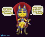  animal_crossing ankha_(animal_crossing) blue_eyes blue_hair claws clothing crossed_legs dress english_text engrish felid feline female fur hair hi_res mammal nintendo phatsmash simple_background text video_games yellow_body yellow_fur 