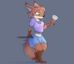  2020 absurd_res anthro bottomwear canid canine cheek_tuft clothing dipstick_ears disney facial_tuft female fox fur gloves_(marking) green_eyes grey_background head_tuft hi_res holding_object leg_markings mammal markings midriff mrs._wilde multicolored_ears navel red_fox shorts signature simple_background socks_(marking) solo standing tuft wine_glass zhan zootopia 