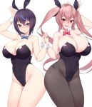  2girls animal_ears bangs barcode blue_eyes blue_neckwear blush borrowed_character bow bowtie breasts bunny_ears cleavage collarbone commentary_request fake_animal_ears hair_ribbon highres kuavera large_breasts leotard long_hair miyako_(kuavera) mole mole_on_breast multicolored_hair multiple_girls original pink_hair pink_neckwear playboy_bunny_leotard purple_hair red_eyes ribbon short_hair sidelocks streaked_hair thighs twintails white_background 