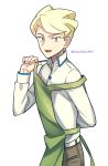  1boy alternate_costume apron artist_name belt blonde_hair brown_pants commentary_request fingernails green_apron highres lobolobo2010 long_sleeves male_focus open_mouth pants pokemon pokemon_(game) pokemon_xy shirt siebold_(pokemon) solo tongue watermark white_background white_shirt 