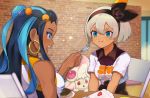  2girls :t alcremie alcremie_(love_sweet) bangs bare_arms bea_(pokemon) black_bodysuit black_hair black_hairband blonde_hair blue_eyes blue_eyeshadow blue_hair blush bodysuit bodysuit_under_clothes bow_hairband cake cake_slice chair closed_mouth collared_shirt commentary_request dark_skin earrings eating eye_contact eyelashes eyeshadow food food_on_face fork gen_8_pokemon gym_leader hair_between_eyes hairband highres holding holding_fork hoop_earrings jewelry katwo long_hair looking_at_another makeup multiple_girls nail_polish necklace nessa_(pokemon) open_mouth pink_nails plate pokemon pokemon_(creature) pokemon_(game) pokemon_swsh print_shirt shirt short_hair short_sleeves sitting smile table teeth tied_shirt 