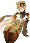  1girl ashiomi_masato blonde_hair blue_eyes brown_coat brown_headwear brown_legwear coat commentary_request fingerless_gloves fur_hat gloves guilty_gear guilty_gear_strive hat long_hair long_sleeves millia_rage pantyhose thick_thighs thighs turtleneck 