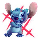  4_fingers 4_toes alien blue_body blue_eyes blue_fur blue_hair blue_nose broken_glass claws disney experiment_(lilo_and_stitch) eye_scar fingers fur hair head_tuft hi_res lilo_and_stitch long_ears male_(lore) notched_ear scar self_harm semi-anthro simple_background solo stitch_(lilo_and_stitch) tabashi toe_claws toes tuft white_background 