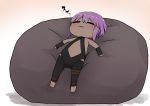  1girl bangs bare_shoulders barefoot black_bodysuit blush bodysuit chibi closed_eyes dark_skin eyebrows_visible_through_hair fate/prototype fate/prototype:_fragments_of_blue_and_silver fate_(series) full_body hair_between_eyes hassan_of_serenity_(fate) highres i.u.y lying on_back parted_lips purple_hair short_hair sleeping solo translation_request 