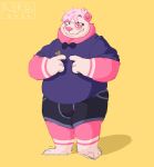  2020 absurd_res anthro bulge clothing eyewear fuhrawr fur giant_panda glasses hi_res humanoid_hands male mammal overweight overweight_anthro overweight_male pink_body pink_fur shirt simple_background solo topwear underwear ursid 