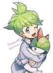  1boy ;d artist_name bangs commentary_request eyebrows_visible_through_hair gen_3_pokemon green_hair grey_eyes holding holding_pokemon lobolobo2010 long_sleeves one_eye_closed open_mouth pokemon pokemon_(creature) pokemon_(game) pokemon_oras ralts sleeves_past_wrists smile tongue translation_request wally_(pokemon) watermark 