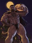  1boy abs arm_hair bara bare_chest beard black_hair briefs bulge cape chest chest_hair facial_hair feet_out_of_frame full_moon hairy halloween halloween_costume hand_on_hip highres jack-o&#039;-lantern jang_ju_hyeon male_focus moon muscle navel navel_hair nipples on_shoulder original pumpkin short_hair simple_background solo spread_legs thick_thighs thighs torn_cape torn_clothes underwear vampire_costume 