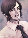  1boy bangs black_hair black_neckwear character_name closed_mouth collared_shirt commentary_request facial_hair lips looking_at_viewer makoto1009 male_focus meitantei_conan morofushi_takaaki mustache necktie shirt short_hair sketch solo swept_bangs upper_body white_shirt 