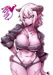  1girl breasts character_request cleavage highres horns large_breasts looking_at_viewer navel purple_skin short_hair simple_background solo tukiwani white_background 