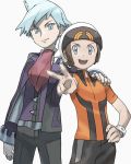  2boys beanie belt black_pants bracelet brendan_(pokemon) brown_hair collared_shirt commentary_request donnpati fingernails grey_eyes hand_on_another&#039;s_shoulder hand_on_hip hat highres jacket jewelry long_sleeves looking_at_viewer male_focus multiple_boys open_mouth pants pokemon pokemon_(game) pokemon_oras purple_vest red_neckwear ring shirt short_sleeves smile steven_stone teeth tongue v vest white_shirt 