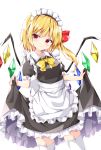  1girl :o alternate_costume apron black_dress blonde_hair bow breasts commentary contrapposto cowboy_shot dress enmaided eyebrows_visible_through_hair flandre_scarlet garter_straps hair_ribbon head_tilt highres kuraaken lifted_by_self light_blush looking_at_viewer maid maid_headdress one_side_up pointy_ears red_eyes ribbon short_hair simple_background skirt skirt_lift small_breasts solo standing thighhighs touhou waist_apron white_background white_legwear wings yellow_bow yellow_neckwear 