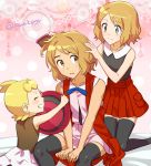  1boy 2girls ash_ketchum black_legwear blonde_hair blush bonnie_(pokemon) brown_eyes clenched_teeth closed_eyes closed_mouth commentary_request crossdressing eyelashes hair_brush hair_brushing hat holding holding_clothes holding_hat kanimaru light_brown_hair multiple_girls pleated_skirt pokemon pokemon_(anime) pokemon_xy_(anime) red_skirt serena_(pokemon) shirt short_hair signature skirt sleeveless sleeveless_shirt smile sweat teeth thighhighs watermark 