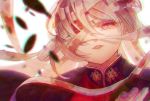  1girl bandages blurry chromatic_aberration eyelashes fate/grand_order fate_(series) florence_nightingale_(fate/grand_order) highres long_hair looking_at_viewer parted_lips red_eyes sachikawa simple_background smile solo upper_body white_background white_hair 