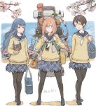  +_+ 3girls backpack bag bangs black_footwear black_legwear blue_eyes blue_hair blue_sailor_collar blue_skirt blue_sky book bottle branch brown_hair carrying cellphone cherry_blossoms closed_eyes closed_mouth day holding holding_book instrument iwauchi_to kagamihara_nadeshiko kagamihara_sakura lamp light_frown loafers long_sleeves looking_at_viewer miniskirt multiple_girls neckerchief open_mouth outdoors pantyhose phone pink_hair plaid plaid_skirt pleated_skirt purple_eyes sailor_collar school_bag school_uniform shadow shima_rin shoes skirt sky smartphone smile standing string_of_flags stuffed_animal stuffed_toy sweater teddy_bear translation_request ukulele v-neck water_bottle white_neckwear yellow_sweater yurucamp 