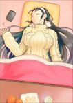  1girl anagumasan black_hair blanket breasts cellphone closed_eyes food fruit futon hair_ornament hairband head_on_pillow highres huge_breasts kagura_chizuru long_hair lying orange phone pillow sleeping solo solo_focus steam sweater table tea the_king_of_fighters turtleneck turtleneck_sweater yellow_sweater 