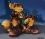  anthro balls clothing genitals hi_res lombax looking_at_viewer male mammal outside penis ratchet ratchet_and_clank solo sony_corporation sony_interactive_entertainment sunhuiz underwear video_games 