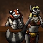  1:1 anthro breasts cleavage clothed clothing duo felid female male mammal pantherine procyonid raccoon tiger unknown_artist 