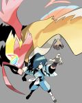  1boy aqua_hair arm_up blue_jacket blue_pants commentary_request donnpati falkner_(pokemon) from_above gen_1_pokemon grey_background gym_leader highres jacket looking_at_viewer male_focus mega_pidgeot mega_pokemon open_mouth pants pidgeot pokemon pokemon_(creature) pokemon_(game) pokemon_hgss shoes teeth wristband 