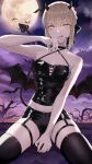  1girl :q alternate_costume artoria_pendragon_(all) bare_shoulders bat between_legs black_bow black_legwear black_nails blonde_hair bow breasts cleavage criss-cross_halter crop_top demon_girl demon_horns demon_tail demon_wings fate_(series) finger_to_mouth full_moon hair_bow halloween halterneck hand_between_legs hand_up highres horns leather looking_at_viewer medium_breasts meltymaple midriff moon nail_polish night night_sky outdoors platinum_blonde_hair saber_alter short_shorts shorts sitting_on_ground skindentation sky sleeveless slit_pupils smile solo spread_legs star_(sky) starry_sky tail thighhighs thighs tongue tongue_out wings yellow_eyes 