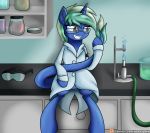  2019 beaker blue_body bunsen_burner clothed clothing coat equid equine eyewear fan_character female feral fully_clothed glasses green_hair grin hair happy hasbro hi_res holding_tail horn inside lab_coat laboratory laboratory_equipment laboratory_glassware&lrm; mammal my_little_pony nova_spark novaspark safety_goggles scientific_instrument sitting smile solo test_tube topwear unicorn 