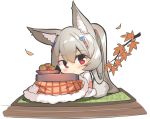  1girl animal_ear_fluff animal_ears bangs blush bowl chibi closed_mouth commentary_request eyebrows_visible_through_hair food fox_ears fox_girl fox_tail fruit full_body grey_hair hair_between_eyes hair_ornament japanese_clothes kimono kotatsu long_hair looking_at_viewer mandarin_orange obi original petals ponytail red_eyes sash simple_background smile solo table tail very_long_hair white_background white_kimono yuuji_(yukimimi) 