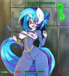  allanel bethesda_softworks blue_hair breasts english_text equid equine eyewear fallout female glasses hair hasbro hi_res horn horse mammal my_little_pony pony solo text vault_suit video_games 