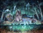  2020 claws detailed_background digital_media_(artwork) dragon forest fur furred_dragon grass group hi_res horn kanizo night outside smile solo_focus tree 