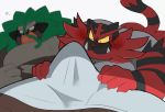  animated blush bodily_fluids bulge duo erection genitals hyaku_(artist) incineroar looking_at_bulge looking_at_genitalia looking_at_penis loop male nintendo penis pok&eacute;mon pok&eacute;mon_(species) rillaboom short_playtime sleeping sweat tenting video_games 