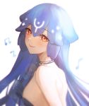  bangs bao_(vtuber) bare_shoulders blue_hair blush closed_mouth expulse glowing indie_virtual_youtuber light_smile long_hair looking_at_viewer looking_back musical_note red_eyes simple_background smile virtual_youtuber whale white_background 