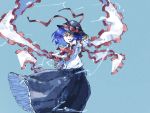  1girl black_headwear black_skirt bow capelet hair_bow hat hat_bow hat_ribbon holding holding_clothes holding_hat light_blue_background nagae_iku nama_udon outstretched_arms purple_hair red_eyes ribbon shawl shirt short_hair simple_background skirt solo tilted_headwear touhou white_shirt wind wind_lift 