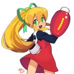  1girl arm_cannon blonde_hair commentary_request dress from_behind green_eyes hand_on_hip long_hair looking_back open_mouth ponytail red_dress ribbon rockman rockman_(classic) roll_(rockman) short_dress simple_background sitihou smile solo weapon white_background 