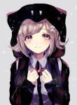 1girl backpack bag bangs black_jacket blush brown_hair clenched_hands collared_shirt commentary_request danganronpa eyebrows_visible_through_hair flipped_hair grey_background grey_shirt hair_ornament hands_up hood jacket looking_at_viewer momongapoketto nanami_chiaki neck_ribbon pentagram pink_eyes pink_hair pink_ribbon ribbon shirt short_hair sketch smile solo space_print star_(symbol) star_in_eye starry_sky_print super_danganronpa_2 symbol_in_eye upper_body 