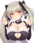  1girl absurdres azur_lane bangs black_ribbon blunt_bangs blush breasts choker cleavage cleavage_cutout closed_mouth clothing_cutout collarbone commentary_request eyebrows_visible_through_hair formidable_(azur_lane) hair_ribbon hands_up heart_cutout highres kageira large_breasts long_hair looking_at_viewer orange_eyes platinum_blonde_hair ribbon simple_background solo twintails two-tone_ribbon upper_body white_background white_ribbon 