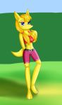  2017 anthro banjo-kazooie big_breasts bottomwear breasts cleavage clothed clothing fan_character female grass hi_res jinjo justina_the_jinjo kendratheshinyeevee mammal navel rareware shorts solo video_games yellow_body yellow_skin 