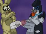  4:3 animatronic anthro balls big_balls big_penis bodily_fluids button_eyes canid canine canis cum cum_string domestic_dog duo fan_character five_nights_at_freddy&#039;s five_nights_at_freddy&#039;s_4 genital_fluids genitals green_body grey_penis hi_res lagomorph leporid machine male male/male mammal metal_penis open_mouth penis penis_grab plushtrap_(fnaf) plushtrapboyuwu rabbit robot sharp_teeth simple_background standing teeth thick_thighs tongue tongue_out video_games 