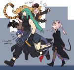  &gt;_&lt; animal_ears arknights bangs bare_shoulders black_headwear black_shirt blonde_hair blue_hair carrying_over_shoulder carrying_under_arm ch&#039;en_(arknights) dl dragon_horns dragon_tail drill_hair gloves green_hair hair_between_eyes horns hoshiguma_(arknights) jacket long_hair mouse_ears mouse_tail multiple_girls oni_horns open_mouth scar scavenger_(arknights) shirt shorts silver_hair single_horn sleeveless swire_(arknights) tail tiger_ears tiger_tail 
