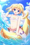  1girl :d arm_up banana_boat bangs bare_arms bare_shoulders bikini blonde_hair blue_eyes blue_sky blush cloud commentary_request day eyebrows_visible_through_hair hair_between_eyes highres inflatable_toy mismatched_bikini navel on_banana open_mouth original outdoors shiwasu_horio sky smile solo striped striped_bikini swimsuit tilted_headwear twintails water white_bikini white_headwear 