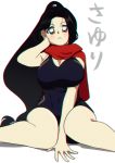  1990s_(style) 1girl absurdres akkasayu bare_shoulders black_hair black_swimsuit blush breast_hold breasts brown_eyes cleavage covered_navel film_grain hand_in_hair highres large_breasts long_hair looking_at_viewer original parted_lips ponytail red_scarf scarf sitting solo swimsuit very_long_hair white_background 