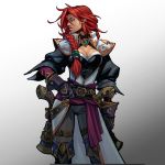 1girl braid braided_ponytail breasts captain_fortune cleavage cowboy_shot gloves gradient gradient_background green_eyes gun handgun large_breasts league_of_legends official_art pirate_costume pistol promotional_art red_hair ruined_king:_a_league_of_legends_story sarah_fortune weapon 